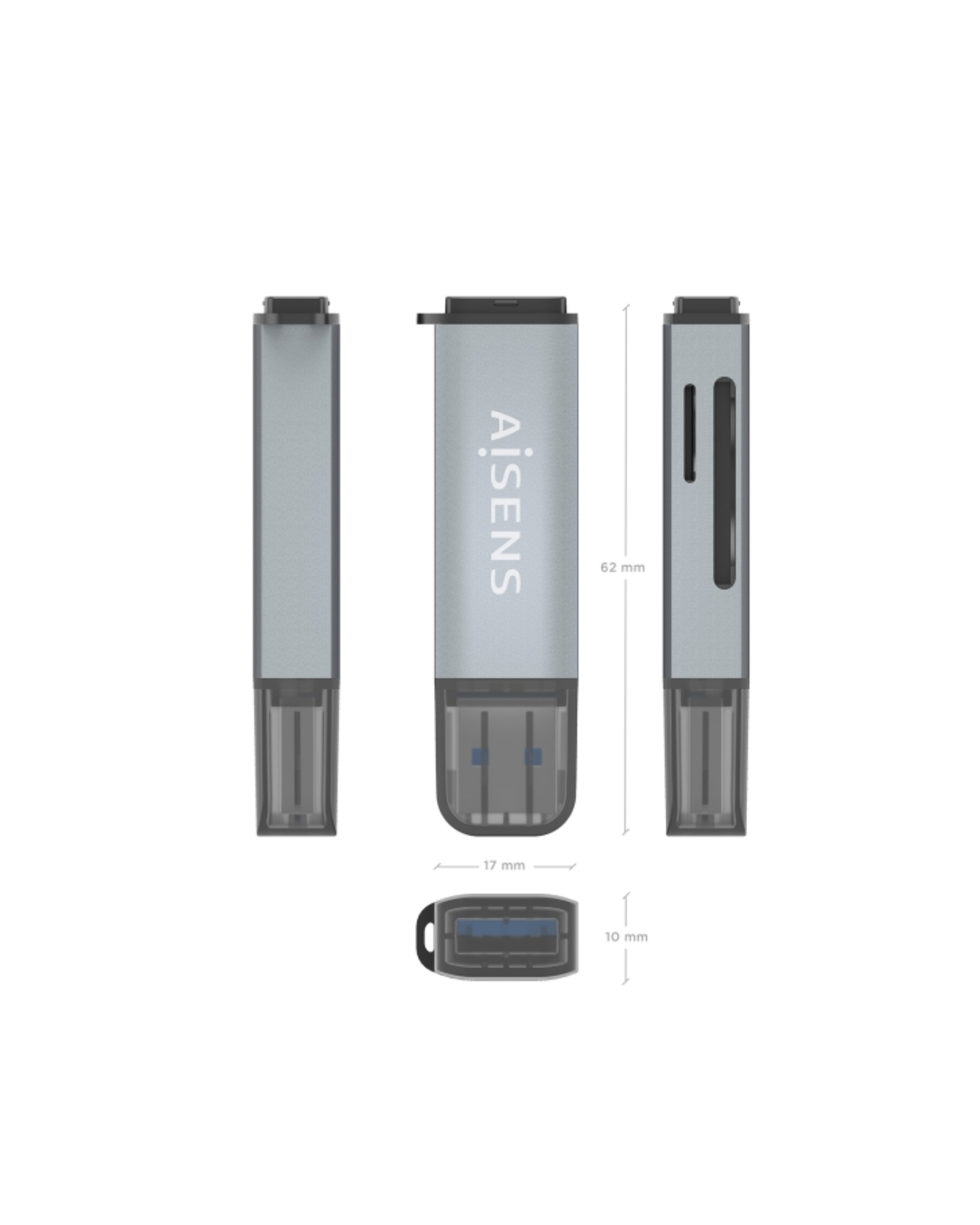 Leitor de Cartões Aisens USB-A 3.1 Gen1 – Compatível com SD, MicroSD e MMC – Cinzento