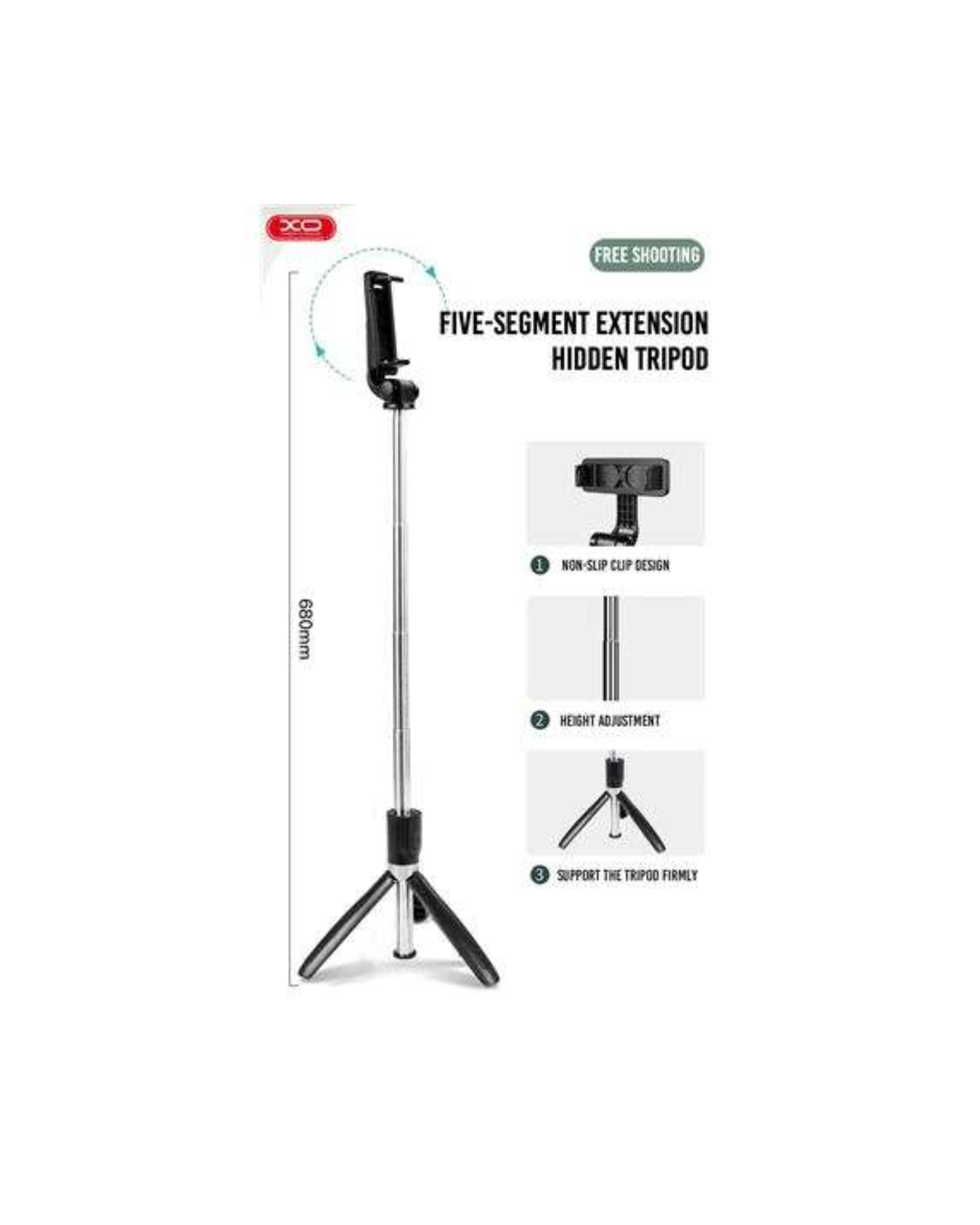 XO Tripod + Selfie Stick Bluetooth — Controlo Remoto, Altura até 680 mm, Pega Estável, Dobrável (135 g)
