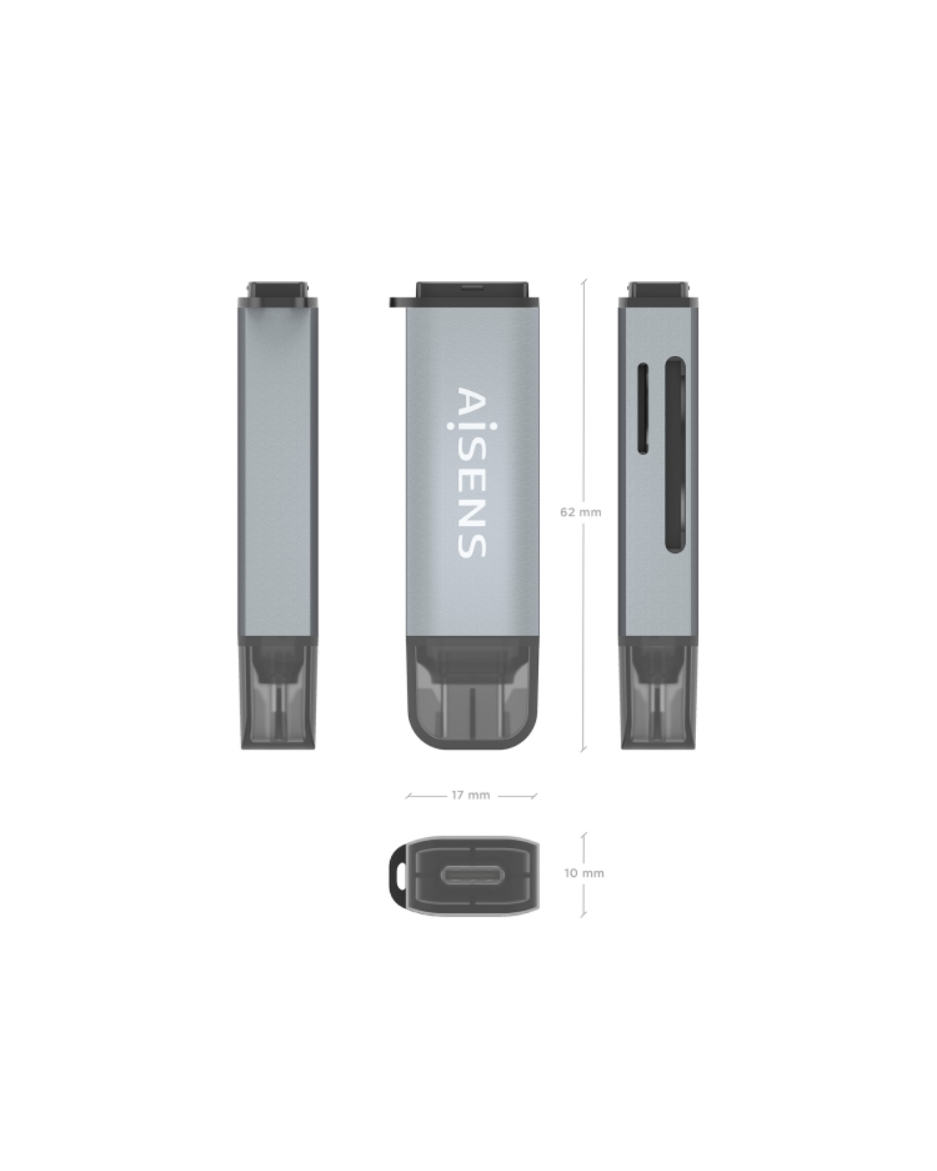 Leitor de Cartões Aisens USB-C 3.1 Gen1 – Compatível com SD, MicroSD e MMC – Cinzento