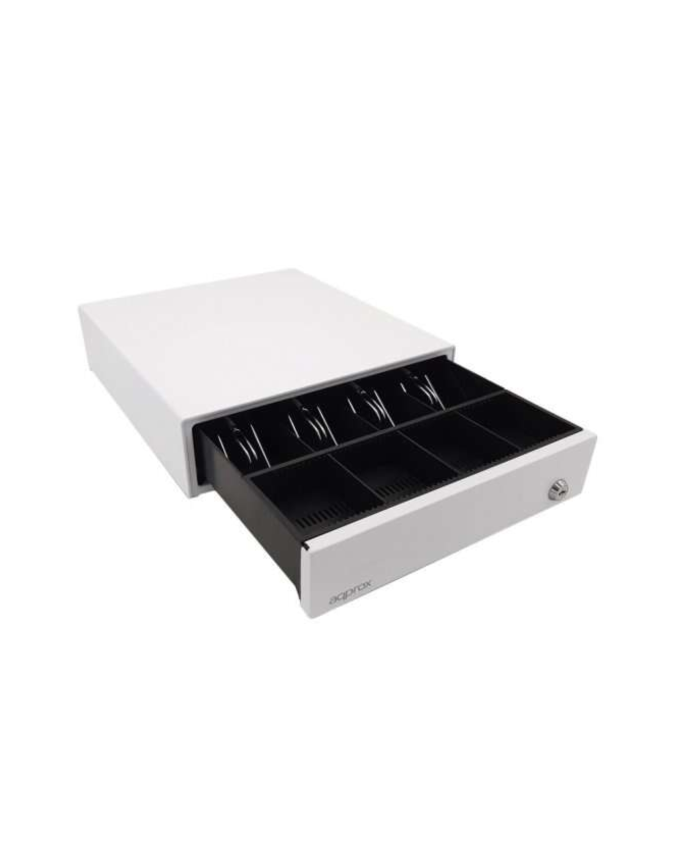 Approx APPCASH33 — Gaveta Porta-Moedas Compacta (RJ11), 12 V, Abertura Automática/Manual, Chave 3 Posições, 4 Notas + 4 Moedas (335×360×100 mm)