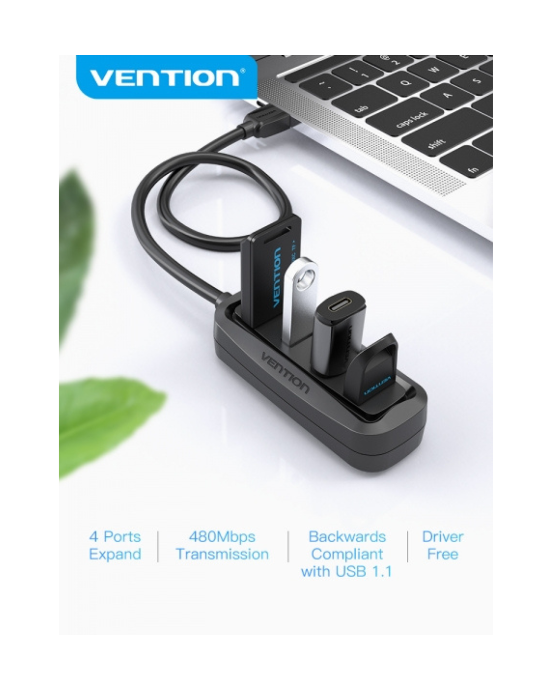 Vention Hub USB 2.0 4 em 1 – 4x USB-A, 480Mbps, 15cm