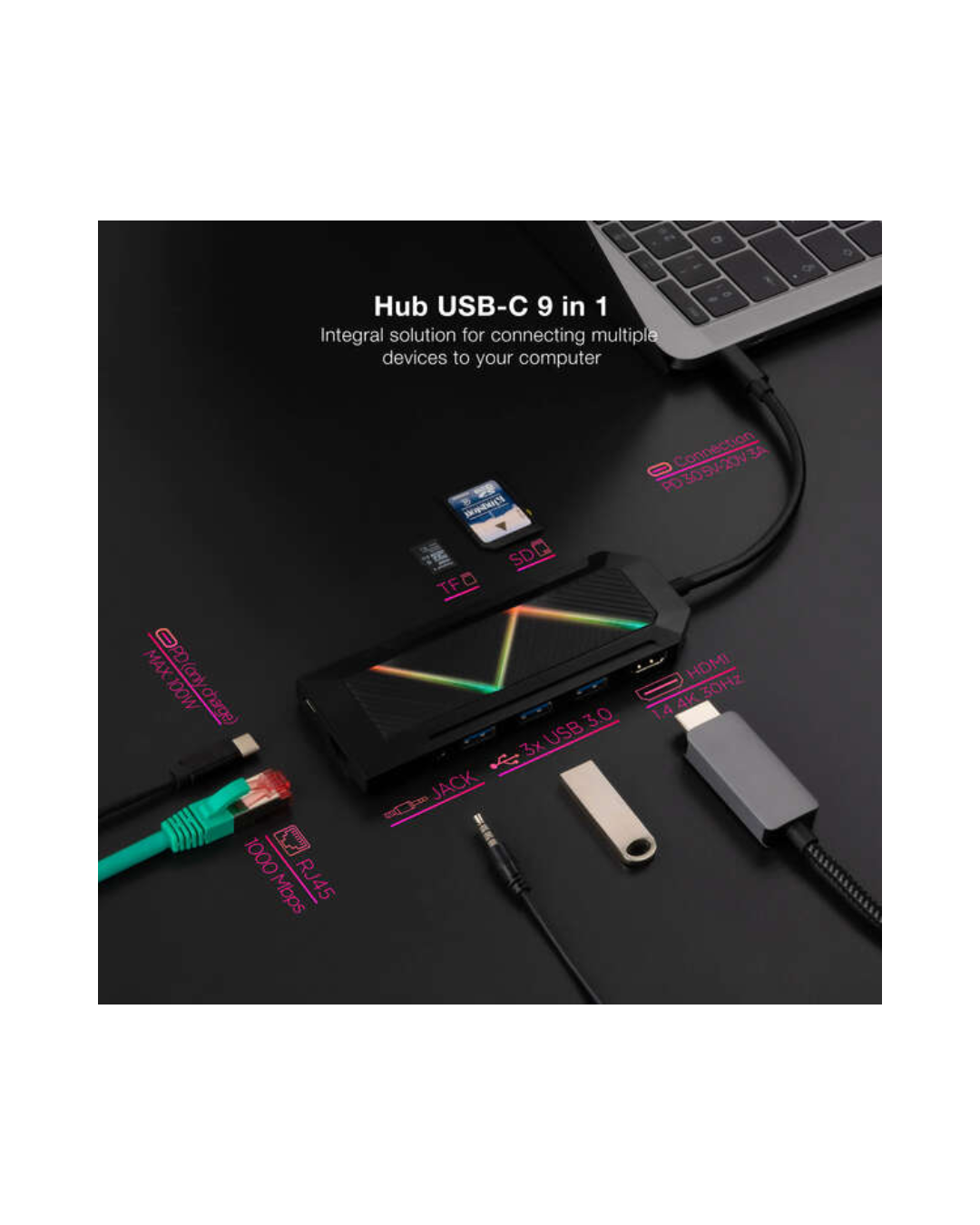 Nanocable Hub USB-C 9 em 1 – HDMI, RJ45, SD, USB 3.0