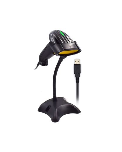 Ewent EW3400 — Leitor de Códigos de Barras 1D com Suporte, USB, Laser 650 nm, Modo Automático/Contínuo (100 scans/s)