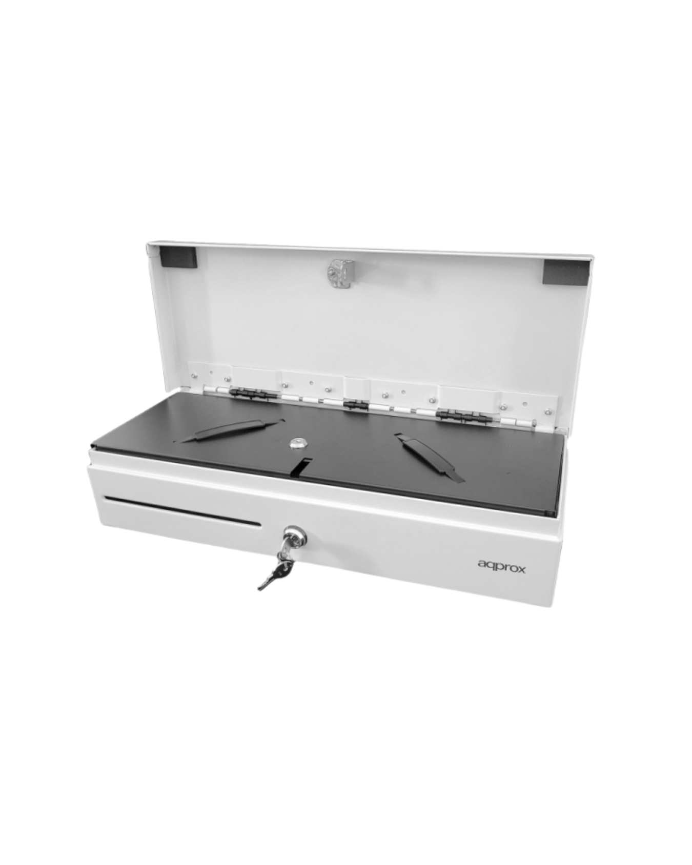 APP CASH02 FLIPTOPWH — Gaveta Porta-Moedas Flip-Top RJ11/RJ12, 12 V, 6 Notas + 8 Moedas, Tampa com Asa e Fecho (Branco | 460×170×100 mm)