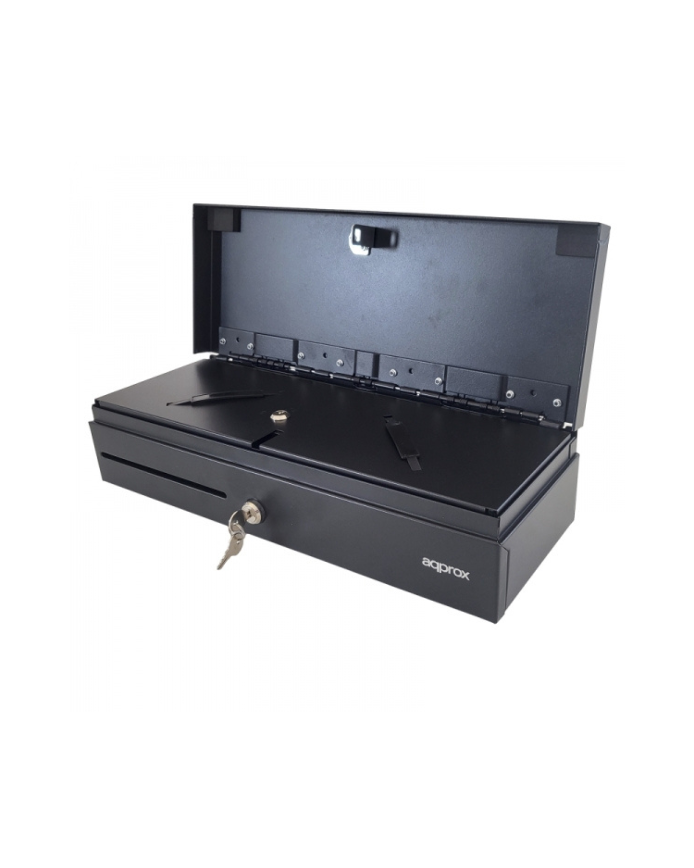 APP CASH02 FLIPTOP — Gaveta Porta-Moedas Flip-Top RJ11/RJ12, 12 V, 6 Notas + 8 Moedas, Tampa com Asa e Fecho (460×170×100 mm)