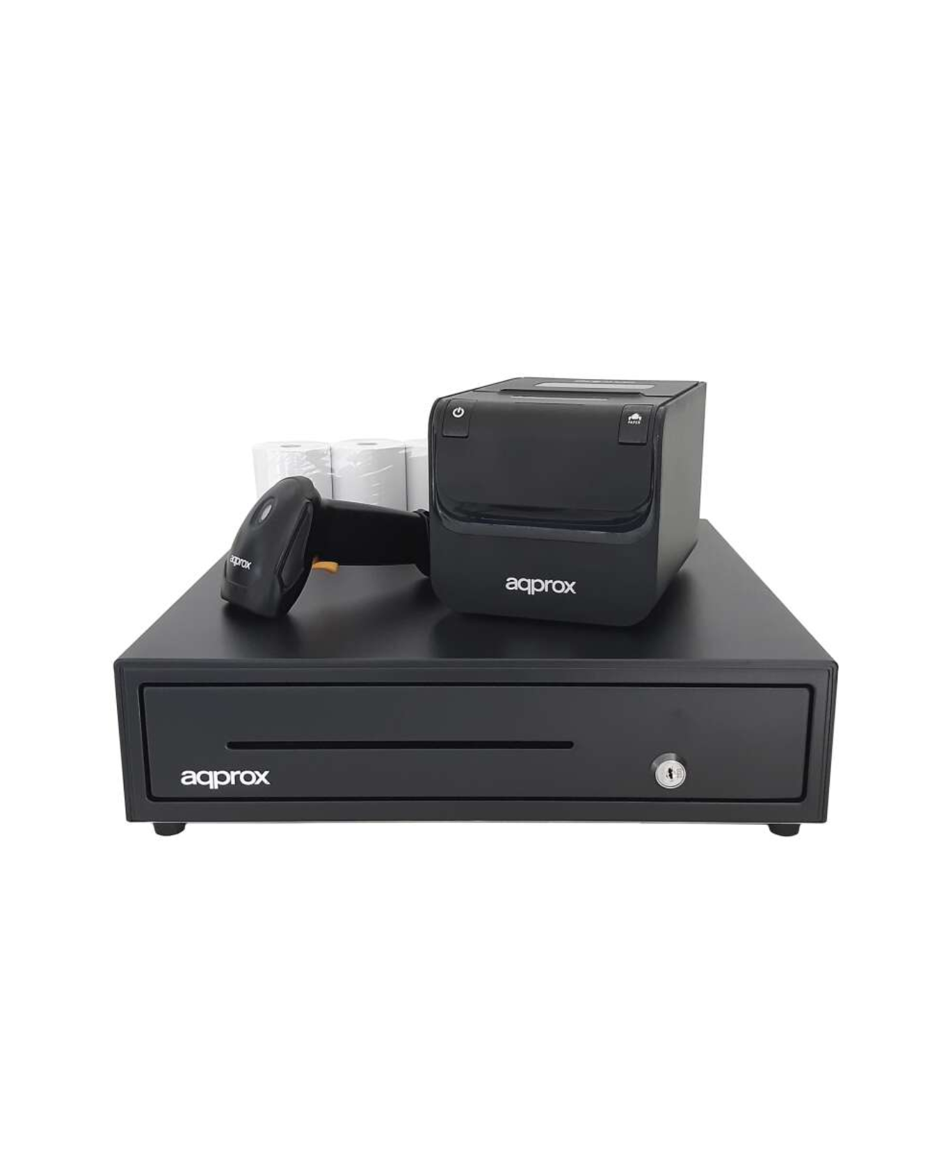 Kit POS Completo: Gaveta Porta-Moedas RJ11 + Impressora Térmica 80 mm (USB/LAN/RS232) + Leitor de Códigos de Barras + 8 Rolos Térmicos