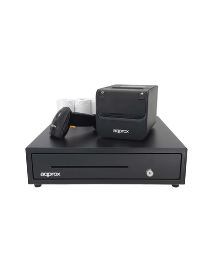 Kit POS Completo: Gaveta Porta-Moedas RJ11 + Impressora Térmica 80 mm (USB/LAN/RS232) + Leitor de Códigos de Barras + 8 Rolos Térmicos