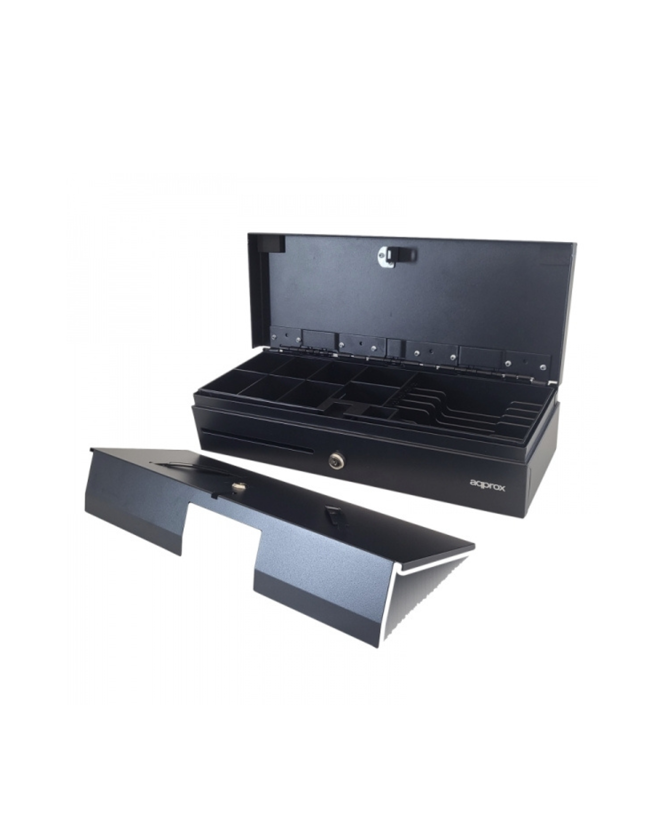 APP CASH02 FLIPTOP — Gaveta Porta-Moedas Flip-Top RJ11/RJ12, 12 V, 6 Notas + 8 Moedas, Tampa com Asa e Fecho (460×170×100 mm)