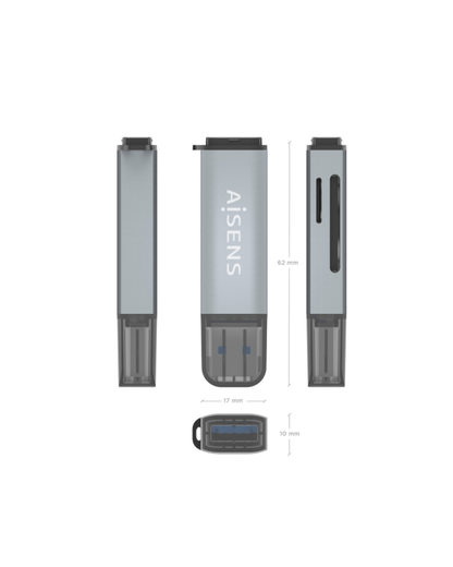 Leitor de Cartões Aisens USB-A 3.1 Gen1 – Compatível com SD, MicroSD e MMC – Cinzento