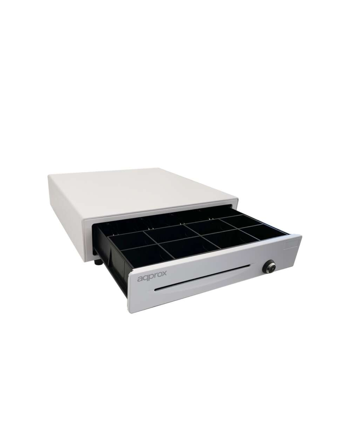 APP CASH01WH — Gaveta Porta-Moedas Elétrica RJ11, 12 V, 4 Notas + 8 Moedas, Ranhura p/ Cheques, Chave 3 Posições (Branco | 410×420×100 mm)