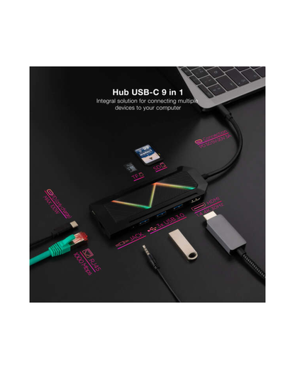 Nanocable Hub USB-C 9 em 1 – HDMI, RJ45, SD, USB 3.0